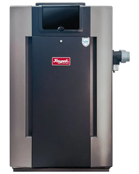 Calentador a gas para piscina Raypak Digital de gabinete gris y negro