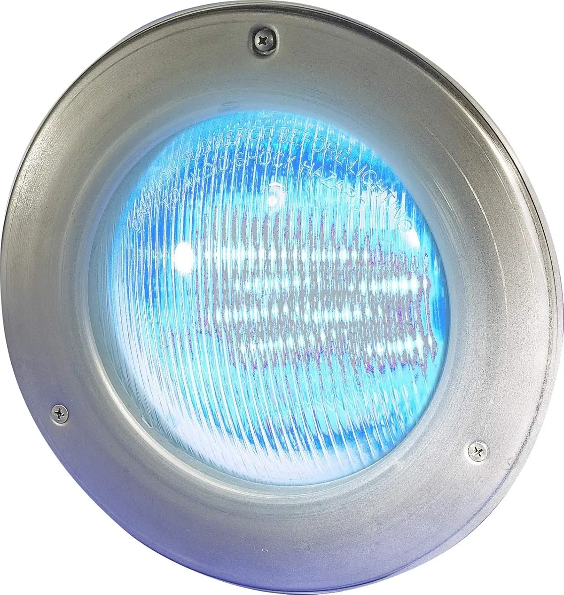 Reflector LED Hayward ColorLogic con marco de acero inoxidable encendido en color celeste