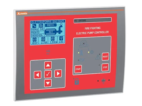 Controlador electrónico Lovato FFL800EP para electrobomba contra incendio con pantalla y teclado frontal