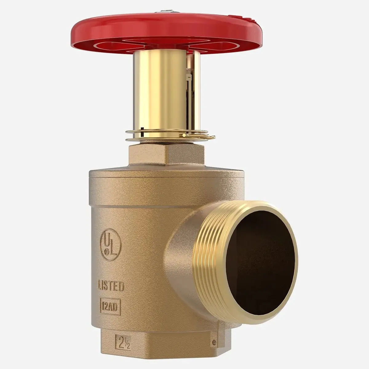 Válvula angular de bronce con volante rojo y restrictor de presión para manguera contra incendio (imagen referencial)